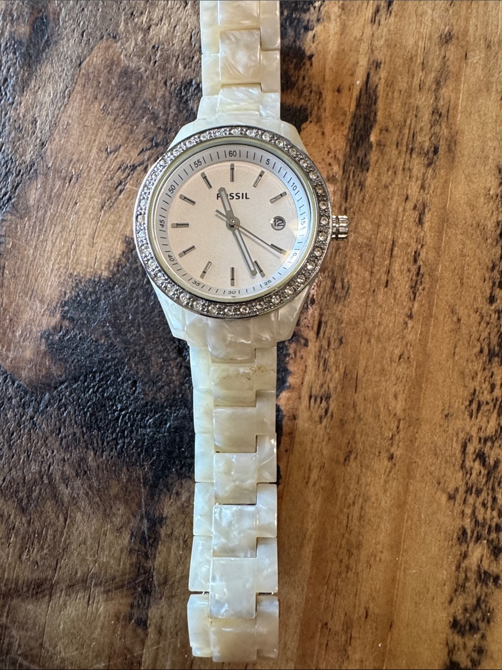 Fossil Pearl-Effect White Resin Watch with Crystal Bezel